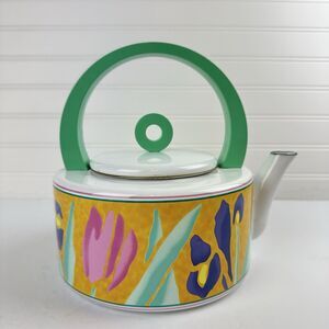 Vintage Retro Floral Tulip Iris Enamel Teapot Kettle Modern 80s 90s Yellow Teal
